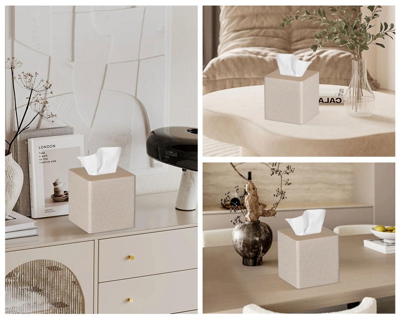 GOLRANLYE Tissue Box Cover Square PU Leather Facial Tissue Box Holder for Dresser Bathroom Decor (Beige) - Image 3